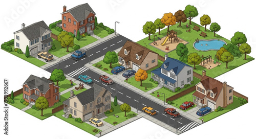 Isometric Neighborhood Scene with Houses Streets and Park.