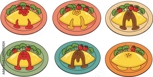 Omurice Dish Collection with Japanese Omelette Rice Plates and Different Sauce Variations Top View Food Vector Illustration Set