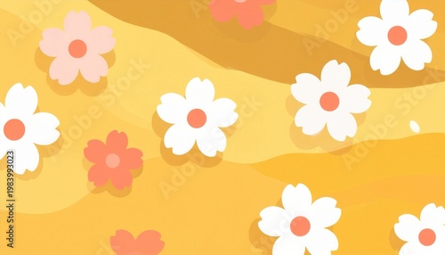 黄金色の波打つ背景に、白とピンクの桜の花が散りばめられた和風の背景イラスト素材です。春の訪れを感じさせる華やかで上品なデザインは、お祝い事や季節のイベント、伝統的な和柄のテクスチャ、バナー広告や壁紙として幅広く活用できる高品質なグラフィックです。