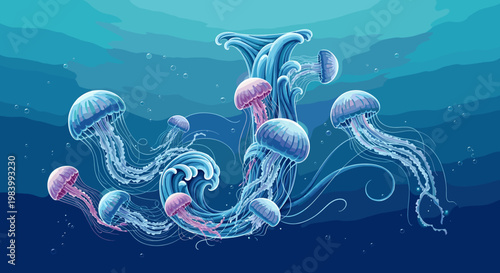 Vibrant illustration of multiple blue and pink jellyfish gracefully swimming in a deep blue ocean with stylized waves and bubbles.