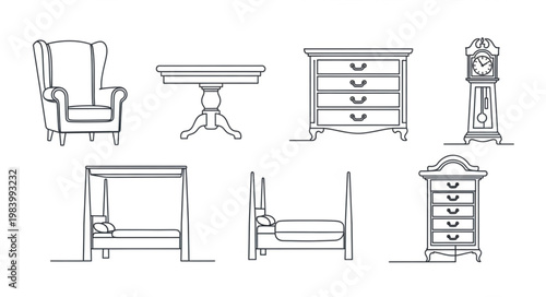 Collection of antique furniture drawings including a chair and clock.