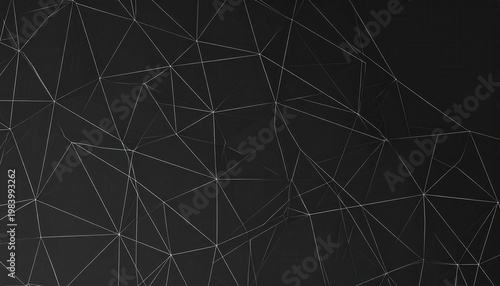 黒い背景に白い幾何学的なポリゴンメッシュが広がる、デジタルネットワークとテクノロジーを象徴する抽象的なバックグラウンド素材。コネクション、データ通信、人工知能、サイバー空間をイメージさせる洗練されたデザインの3Dレンダリング画像です。