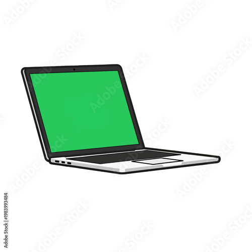 A modern portable computer with a blank green screen on a white background
