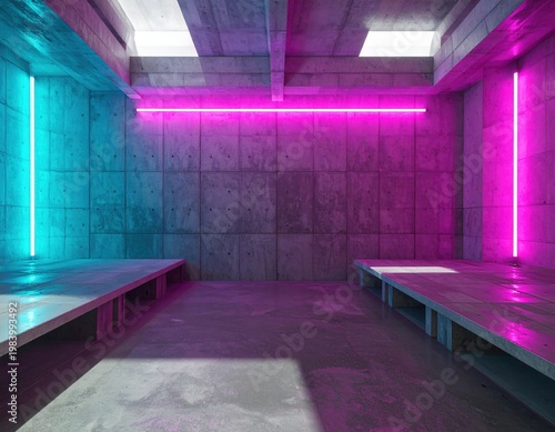 コンクリートの打ちっぱなし壁に囲まれた近未来的なサイバーパンク風の室内空間、鮮やかなシアンとマゼンタのネオンライトが照らす無機質でスタイリッシュなガレージや地下倉庫の背景素材、都会的でモダンなライティングが特徴の空の部屋。