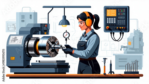 Skilled Female CNC Operator Aligning Metal Part in Industrial Workshop Vector Illustration