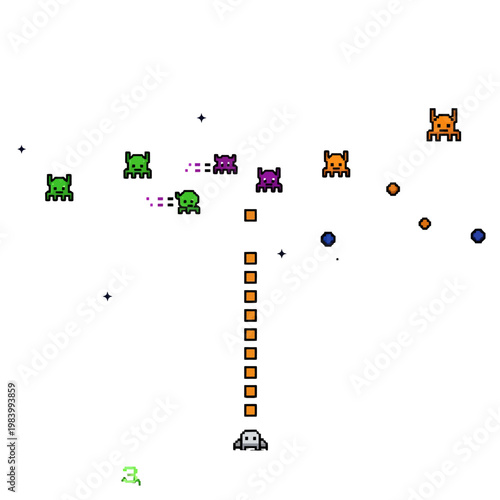 Retro pixelated alien invasion in outer space with a spaceship