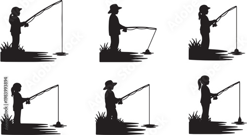 Children Fishing with Rods and Reels