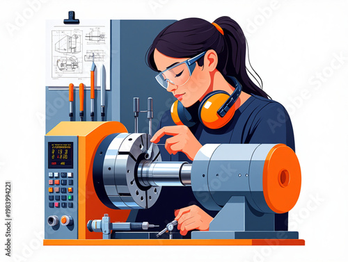 Precision Metal Machining Process with CNC Operator and Measurement Tools Vector Illustration