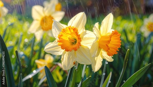 春の柔らかな日光が降り注ぐ中、雨に濡れて輝く黄色いスイセンの花々が庭園に美しく咲き誇る風景。自然の息吹を感じさせる瑞々しい花びらと水滴が、穏やかで希望に満ちた季節の訪れを象徴する、幻想的で鮮やかな春の朝のクローズアップ写真。