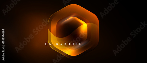Abstract hexagon design glows warmly against dark backdrop. Orange, yellow hues create futuristic feel. Text reads background.