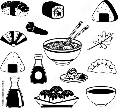 Traditional Japanese Food Vector Illustration Graphic Design Set Featuring Popular Asian Cuisine Elements Including Sushi Ramen Onigiri Gyoza Takoyaki and Soy Sauce Bottles.
