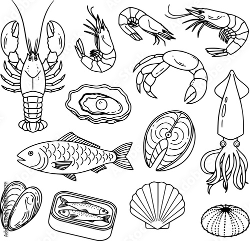 Seafood Vector Illustration Set with Various Marine Animals and Fish for Menu Design and Food Industry Concepts Graphic