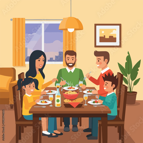 Family eating dinner together at home.