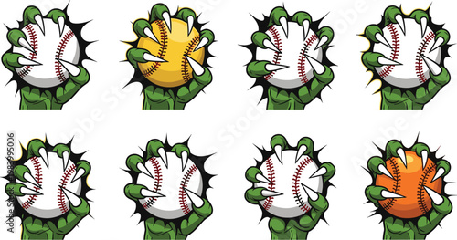 Baseball glove catching ball comic style set, dynamic sports action burst illustrations with mitt and ball vector collection isolated for game design