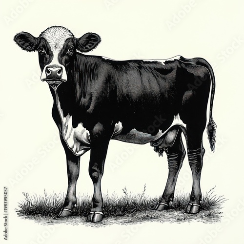 black and white dairy cow standing on a small grassy patch with visible udder, calm and curious expression