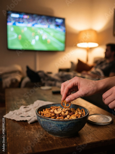 A person enjoying a snack while watching a sports game on TV in a cozy living room