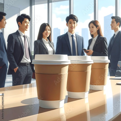 Business professionals in office setting with coffee cups