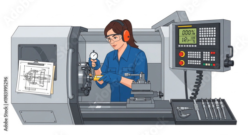 Industrial CNC Lathe Setup with Female Technician and Digital Control Panel Vector Illustration