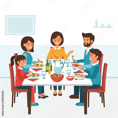 Family eating together at dinner table.