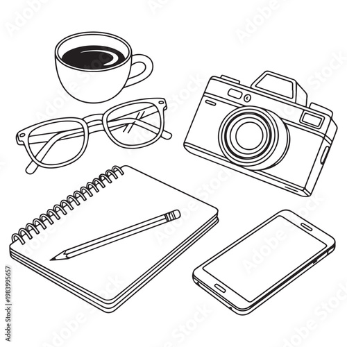 A still life with office supplies and a camera