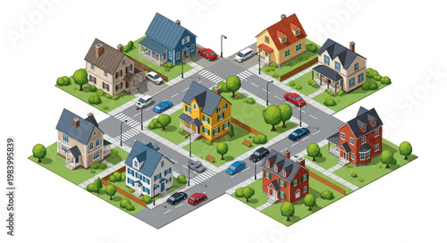 Isometric Suburban Neighborhood with Houses and Cars.