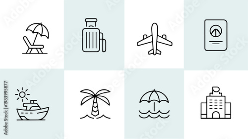 Beach relaxation icon set. Sunbed, deck chair and umbrella outline icons for vacation, resort and summer holiday. Travel and tourism line pictograms, editable stroke vector isolated on white backgroun