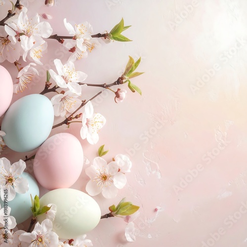 Pastel Easter eggs on a blooming branch with soft flowers
