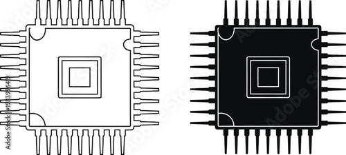 Dual integrated circuit silhouette black and white technical illustration of microchips