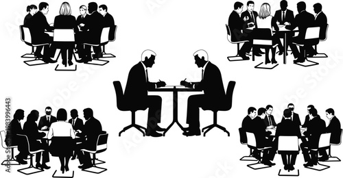 Collection of Business People Silhouettes Sitting at Round Tables for Corporate Meetings, Group Discussions, Professional Brainstorming Sessions, and Legal Contract Signing Agreement Negotiations