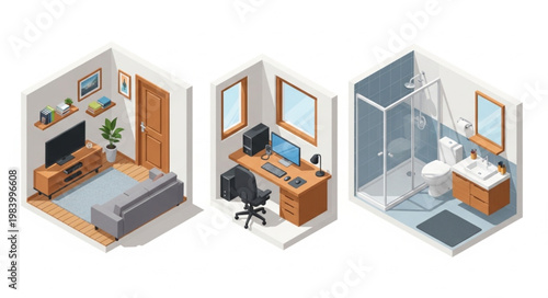 Isometric Rooms Living Office Bathroom Interior Design.