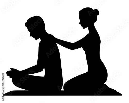 Minimalist black silhouette of a woman giving a back massage to a man. Professional vector illustration of a wellness session, spa treatment, or physiotherapy against a plain background.