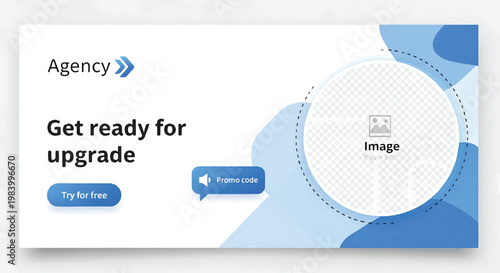 Agency upgrade banner with gradient background and circular elements, vector art