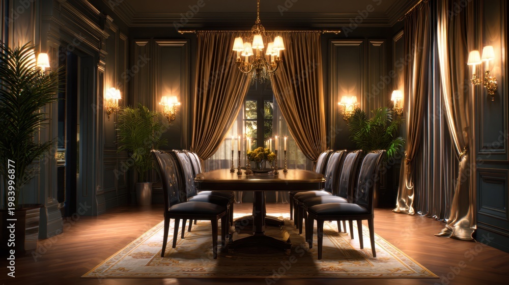 Fototapeta premium Elegant dining room with lavish decor, featuring a large table, chairs, and ambient lighting