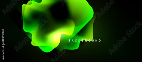 Abstract fluid shapes, vibrant green hues dominate dark background. Modern design, dynamic composition creates visual interest.