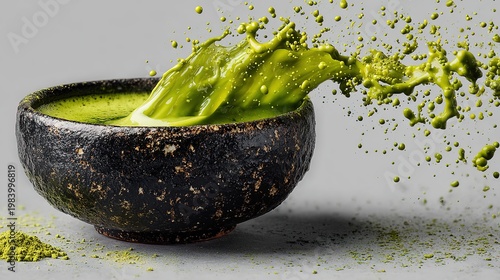 Black cup with vibrant matcha tea splash frozen in dynamic motion, creative green liquid explosion captured midair.