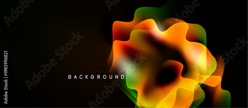 Abstract fluid shapes, vibrant colors blend. Orange, yellow, green create dynamic composition over black background. Modern design element.