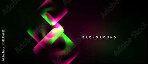 Abstract design features vibrant curves, gradients. Dark background enhances neon pink, green hues. Modern, dynamic composition.