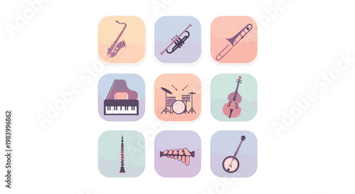 Colorful icons of various musical instruments arranged in rows on a white background for International Jazz Day