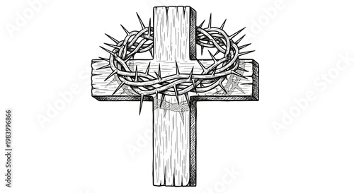 Crown of thorns on wooden cross.