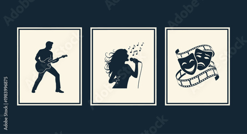 Music and Theater Performance Icon Set Featuring Drama Masks, Musician Silhouettes, and Cinema Symbols