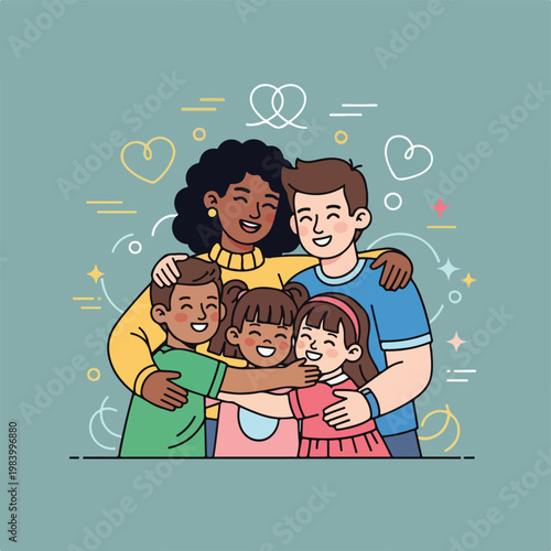 Diverse family in a warm hug.