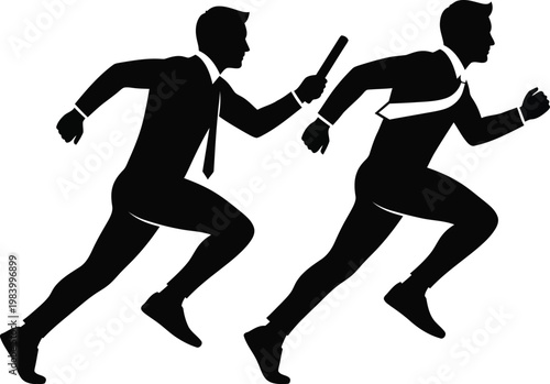 Business relay race teamwork concept with two businessmen running and passing a baton, symbolizing collaboration and success in the corporate world