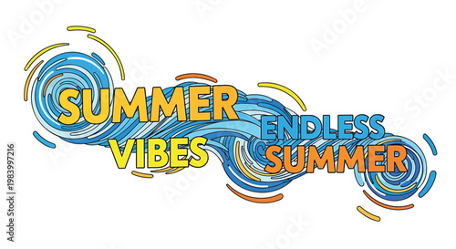 Summer vibes, endless summer, colorful swirls, wave patterns, typography