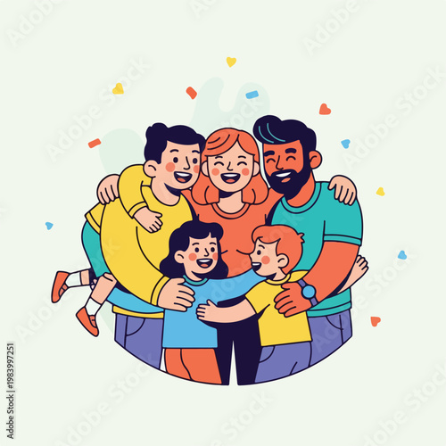 Diverse family in happy group hug.