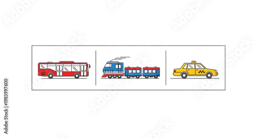 Public Transportation Vehicle Set with Red Bus Blue Train and Yellow Taxi Isolated on White