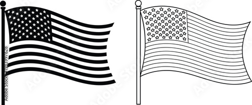 United States Flag Vector Set Featuring Waving American National Symbols in Black Silhouette and Line Art Styles for Independence Day Celebrations and Patriotic Graphic Designs