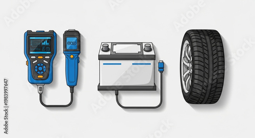 Automotive diagnostic tools and car battery with tire.