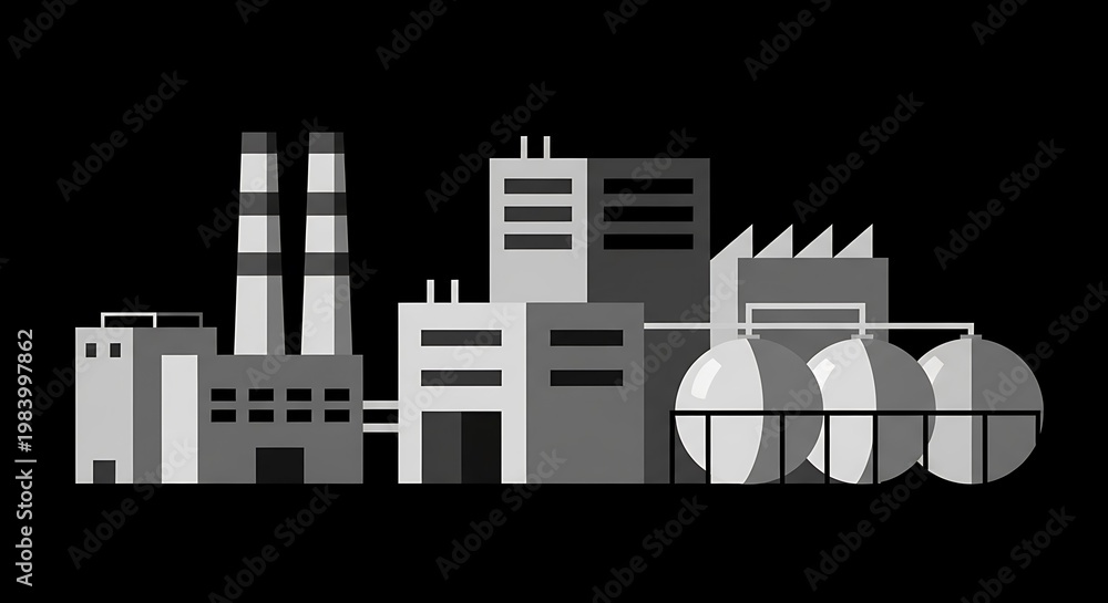 Naklejka premium Black and white illustration of a factory complex with smokestacks, tanks, and connected buildings
