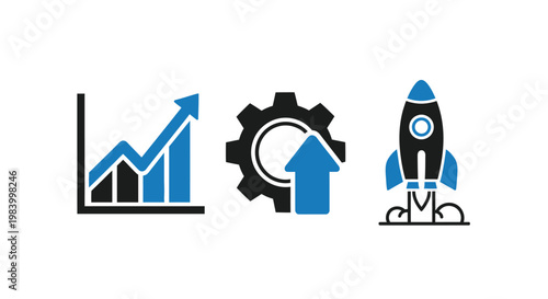 Business Growth Icons for Startup Success and Corporate Development Featuring Rocket and Financial Charts