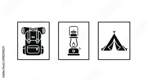Camping Icons Set with Backpack Lantern and Tent for Outdoor Adventure and Wilderness Survival Equipment